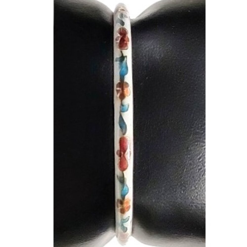 Vintage Boho Cloisonné White Enamel Bangle Bracelet